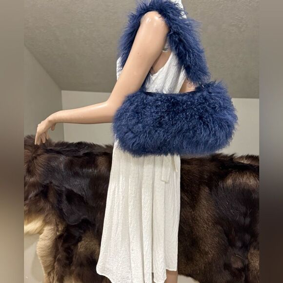 Navy Handmade Real Curly Shearling  Removable Strap Bag/Shoulder Bag/Crossbody - Picture 3 of 17